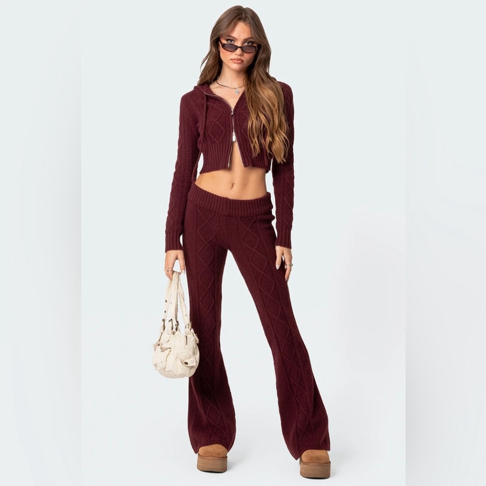 NWT Edikted Burgundy Ray Red Cable Knit Flared Pants and Top set M